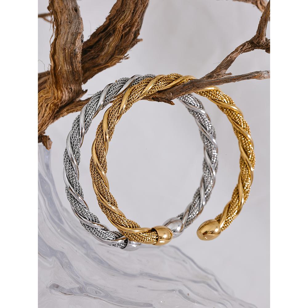 Yhpup Waterproof Stainless Steel Twisted Round Cuff Open Bracelet Bangle for Women Texture Metal Statement Jewelry Gift