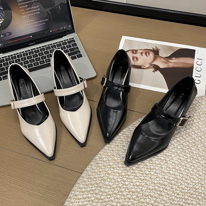 Новые остроносые универсальные туфли на толстом каблуке средней высоты для женщин, с неглубоким вырезом, кожаные туфли-лодочки Мэри Джейн