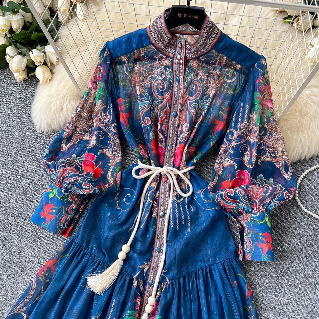 Весна-лето Женское винтажное платье с принтом дворца на подиуме с рукавами-фонариками Длинные макси-платья для отдыха на пляже с поясом