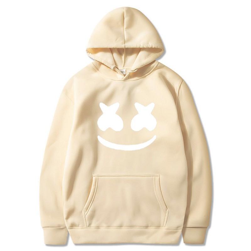 Mens Marshmello Smiley Face Hooded Sweatshirt Loose Fit Cotton Blend Winter Pullover