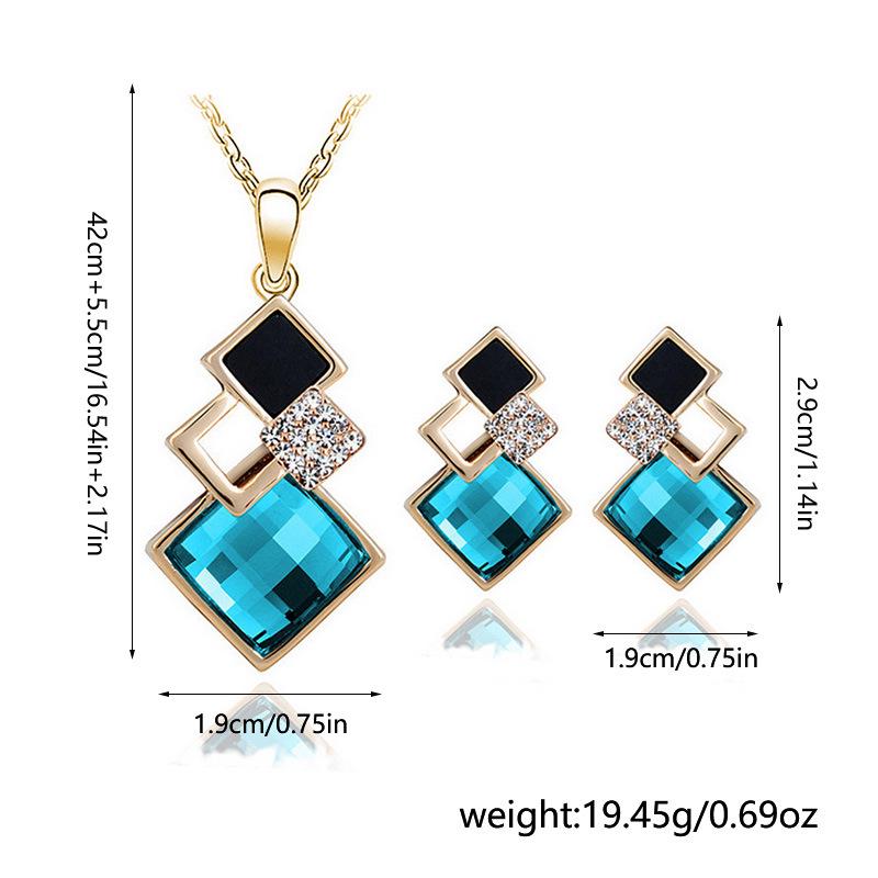 Korean Geometric Square Jewelry Set: S925 Silver Needle Minimalist Earrings & Necklace with Inlaid Diamonds