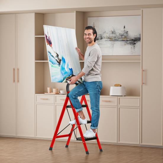 Vertical Ladder Step Ladder, 3 Folding Stool, Multi-Purpose Collapsible for Three Home or RV Outdoor Work, Heavy Duty 330 lbs Load (White, Red)