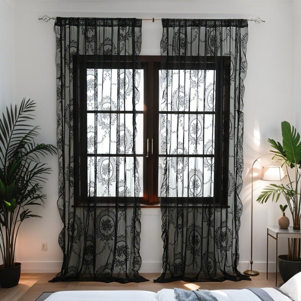2 Pcs Retro Gauze Curtain Ruffled Edge Voile Curtain Home Decor French Lace Floral Curtain  Bedroom