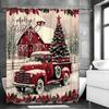 Merry Christmas Red Car Christmas Tree Shower Curtain, Bathroom Decorative Shower Curtain, Waterproof Shower Curtain with Hooks