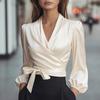 Spring Autumn V-Neck Elegant Satin Tie Waist Blouse - Stylish Office Commute 100% Polyester Women's Shirt
