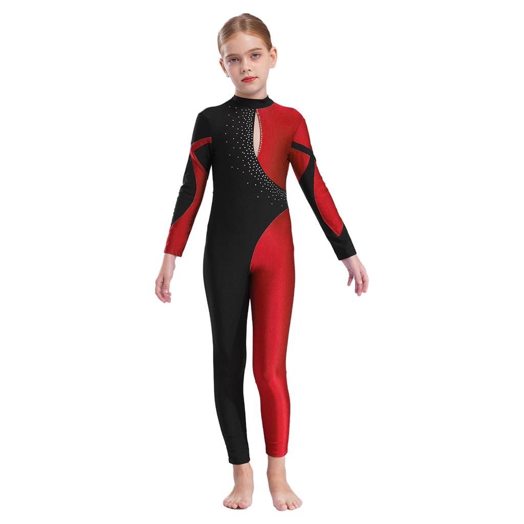 Rhythmic Gymnastics Jumpsuits Kids Shiny Rhinestone Ice Skating Bodysuit Girls Long Sleeve Ballet Dance Full Body Leotards Unitards Stage Wear