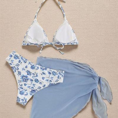 Маленький трехпредметный комплект на шнуровке с цветочным кружевом, сексуальный купальник-бикини с разрезом, купальник женский