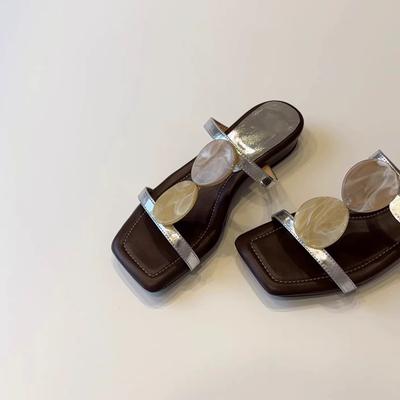 Версия из овчины~ нишевые французские однословные крутые тапочки женские с открытым носком квадратный носок темперамент римские туфли на плоской подошве пляжная обувь