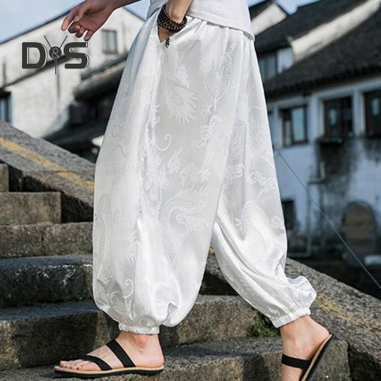 Мужские брюки-фонарики в стиле хиппи в стиле бохо, мешковатые брюки с принтом дракона, свободные мягкие дышащие шаровары с полосками на щиколотке, длинные брюки для йоги