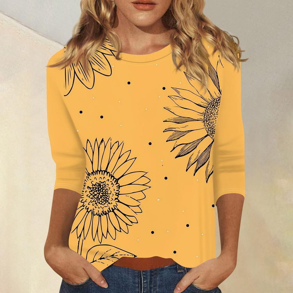 Round Neck 3D Printed Sunflower Pattern Top Fashionable Casual Long Sleeved Women's T-shirts