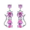Girls Cute Animal Cat Earrings For Women 925 Silver Filled Round Purple Green Red Zircon Pear Cut Crystal Drop Earrings Jewelry