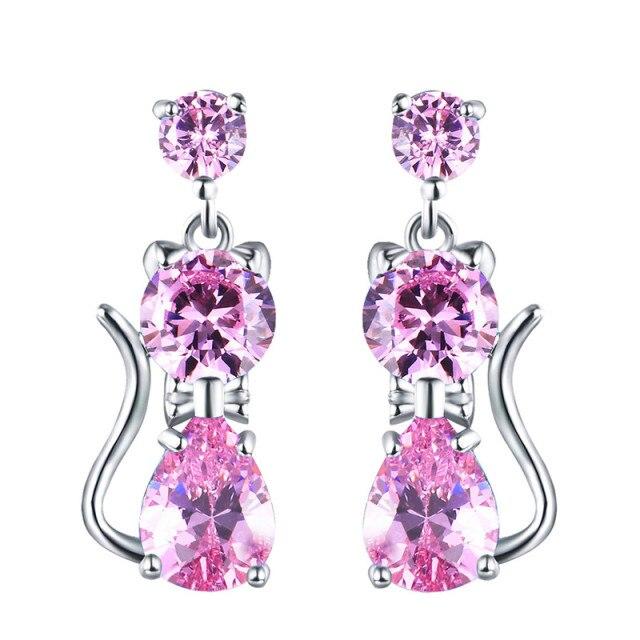Girls Cute Animal Cat Earrings For Women 925 Silver Filled Round Purple Green Red Zircon Pear Cut Crystal Drop Earrings Jewelry