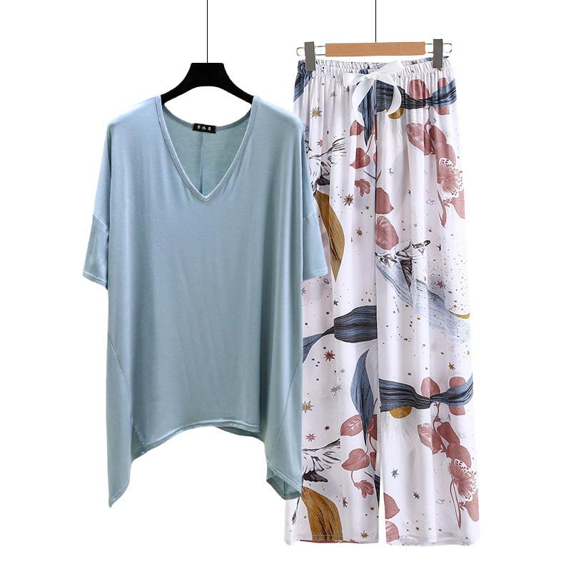 Необычная футболка и широкие брюки с цветочным принтом летние женские повседневные пижамные комплекты Костюм для дома с коротким рукавом Свободный легкий костюм для отдыха Большие размеры