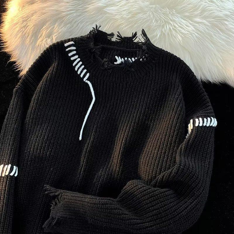 Американский уличный свитер с длинными рукавами и рваными краями для мужчин, модный, милый и стильный дизайн, стиль для пар, свободный и универсальный свитер