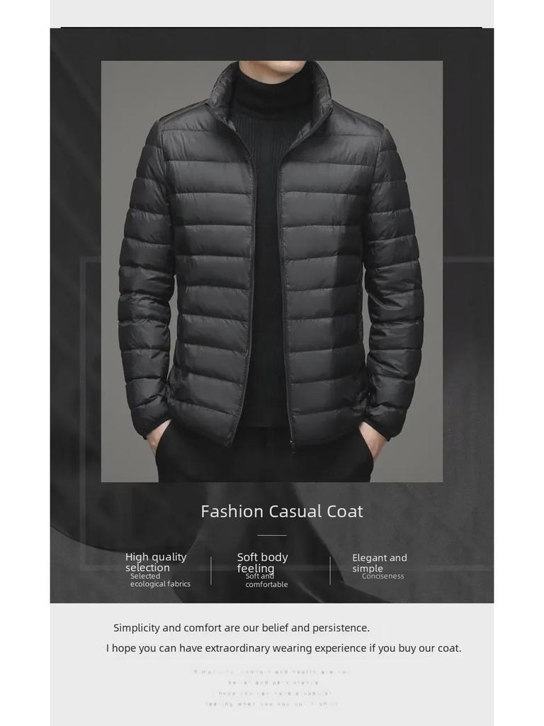 Брендовая мужская короткая куртка с капюшоном из легкого пуха - Осень/Зима, воротник-стойка, тонкий стиль