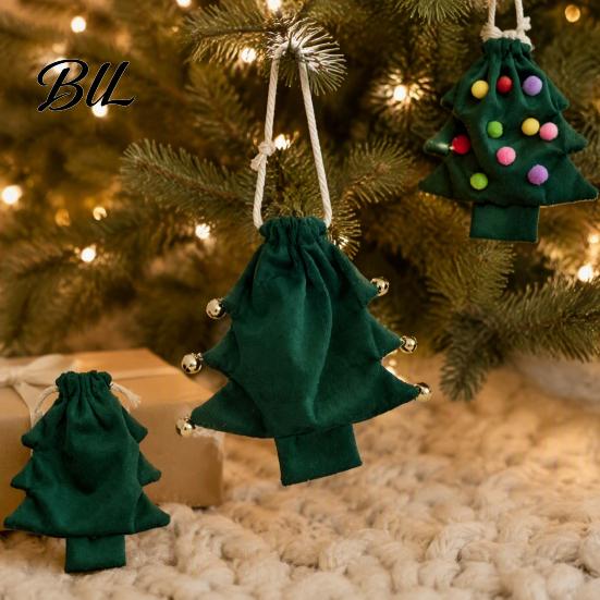 Decorative Party Favor Bags Christmas Tree Shaped Gift Bag, Reusable Drawstring Treat Goody with Pompoms Fabric Storage for Gifts Bells, Winter