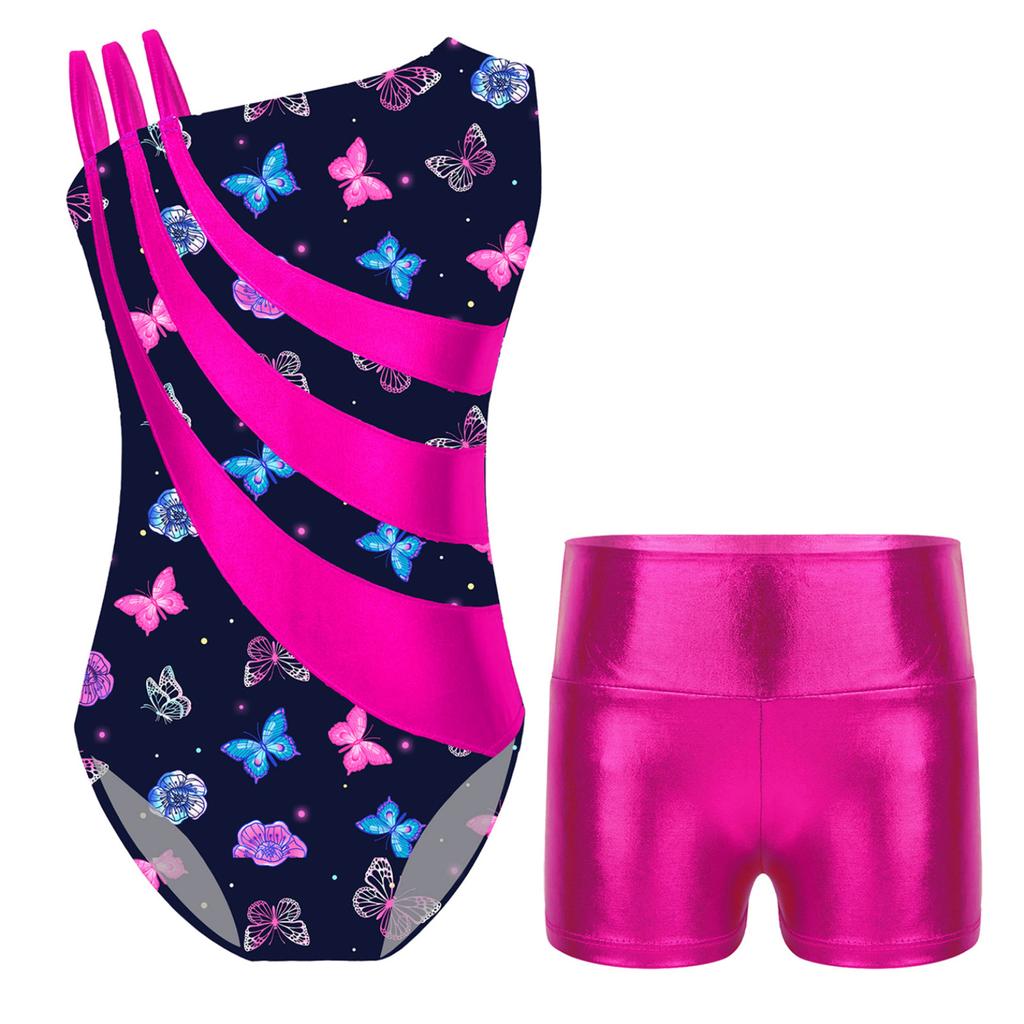 Детские гимнастические купальники без рукавов с асимметричными бретелями и шортами для девочек, спортивные танцевальные велосипедки