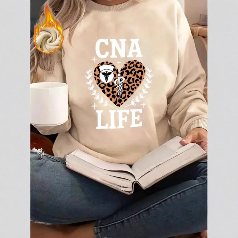 Womens Casual Cartoon Heart Print Crew Neck Sweatshirt Loose Fit Long Sleeve Top