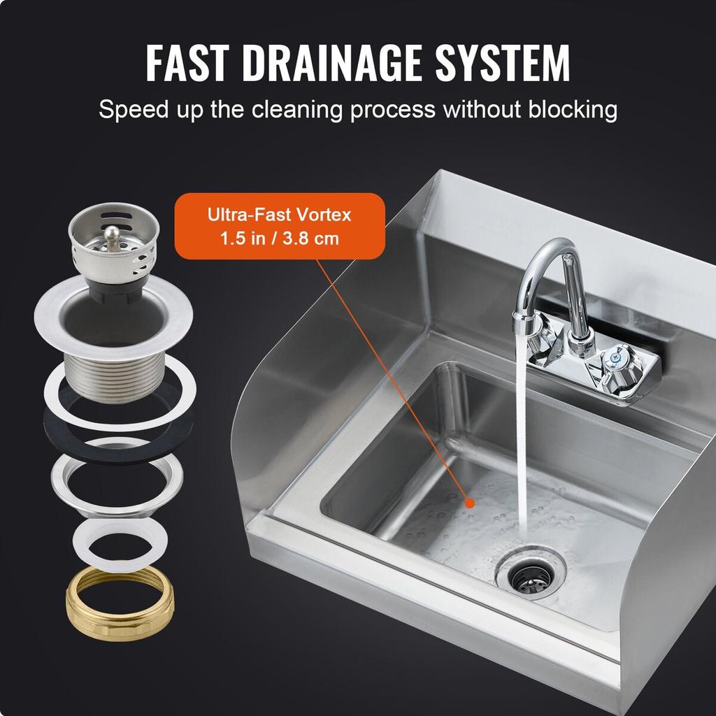 Commercial Hand Sink with Faucet and Side Splash, NSF Stainless Steel Sink for Washing, Small Hand Washing Sink, Wall Mount Hand Basin for Restaurant,