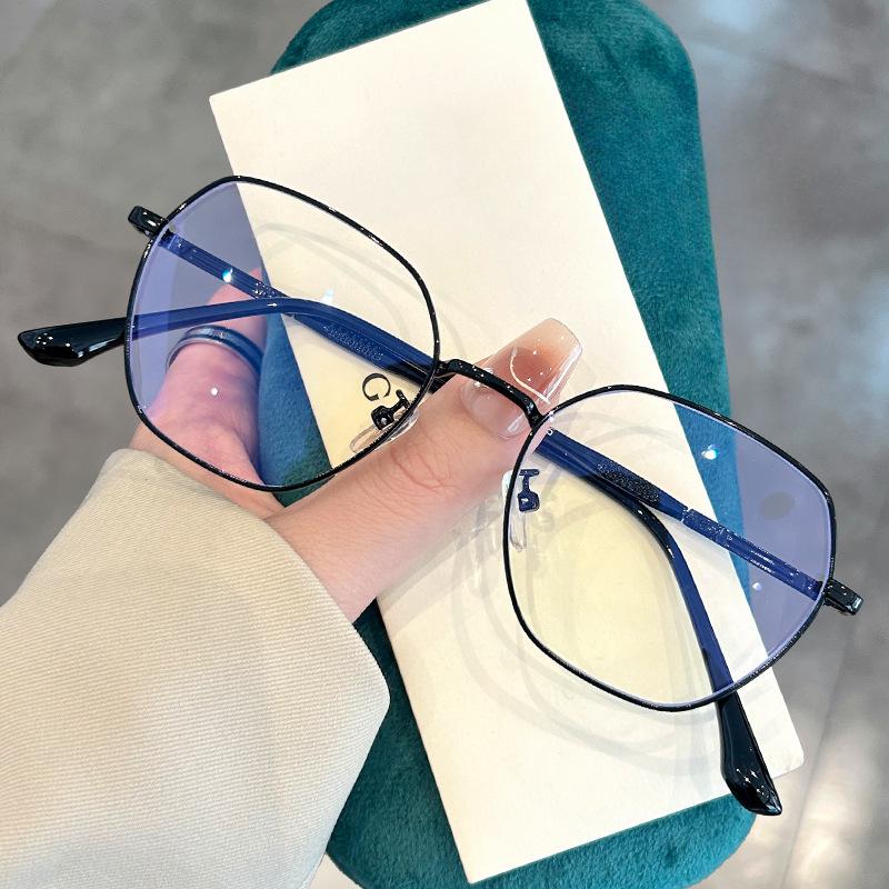 Metal Polygonal Glasses Frame Female Plain Anti-blue Flat Mirror Online Celebrity Myopia Glasses with The Same Paragraph