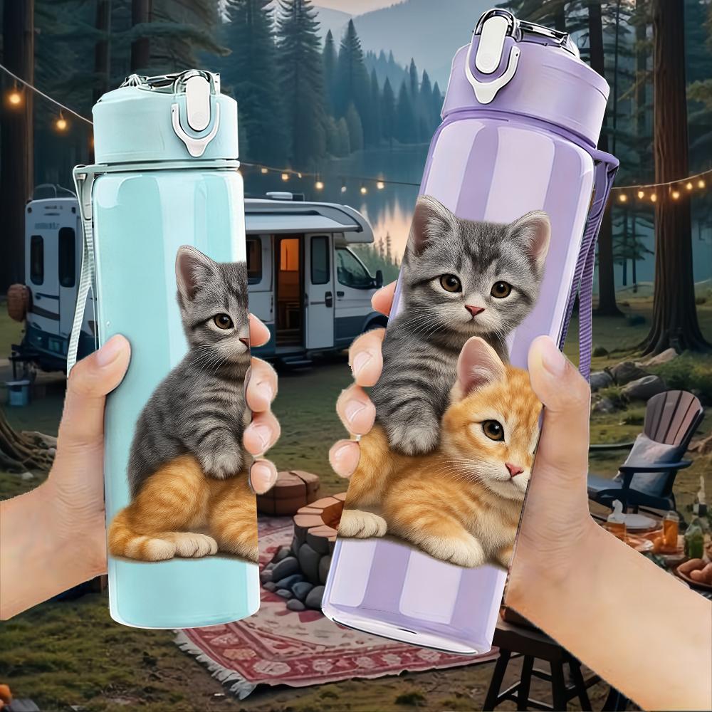 1PC Two Cute Kitten Snuggle Portrait 750ml Color Plastic Sports Water Bottle Leakproof Flip Straw Lid Suitable for Sports Office Home Use