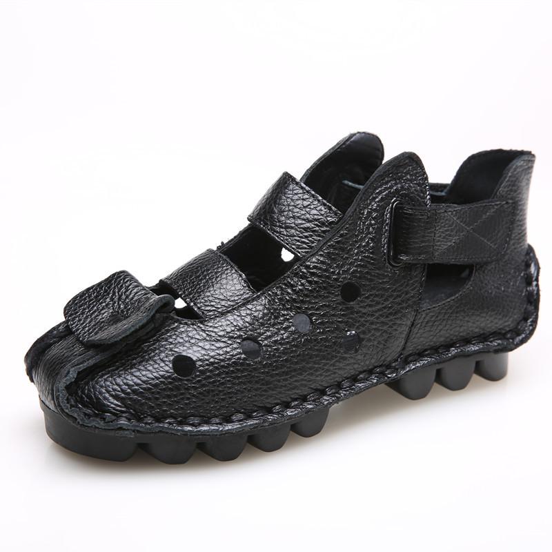 Summer Handmade Leather Genuine Retro Women Shoes Soft Flat Shoes Hollow Casual Women Sandals