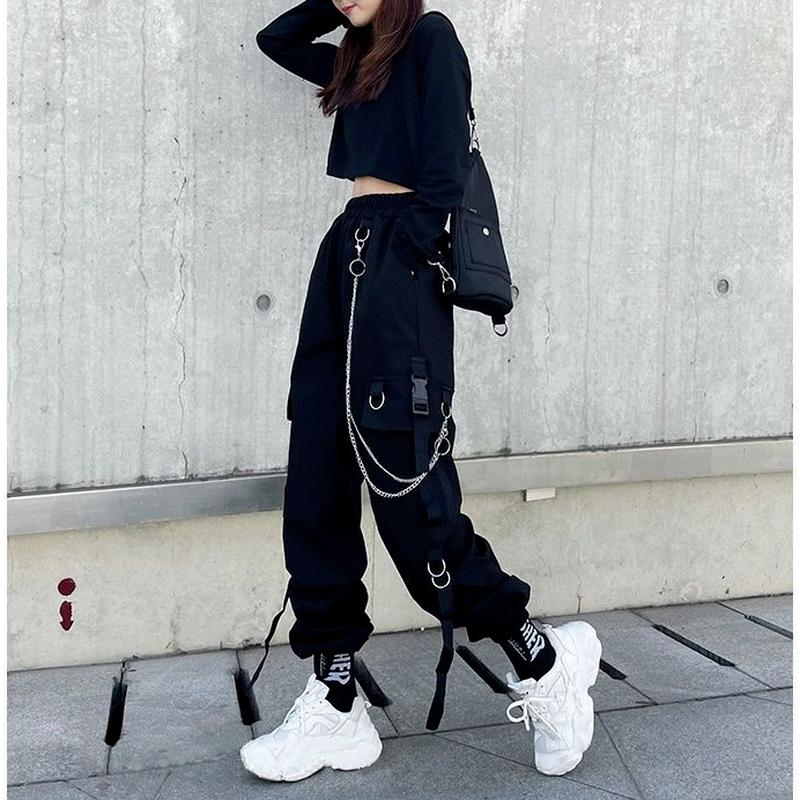 Модные уличные брюки-карго, женские повседневные бегуны, черные свободные женские брюки с высокой талией, брюки в корейском стиле