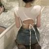 Летняя женская облегающая футболка с открытой спиной и высокой талией, с короткими рукавами, черная, с завязками Spicy Girl, облегающий и уникальный короткий топ