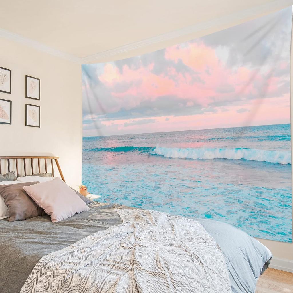 LB Ocean Pink Sky Tapestry, Teal Sea Ocean with Pink Cloud Wall Tapestry for Bedroom, Pastel Nature Landscape Wall Hanging Tapestry Wall Art for