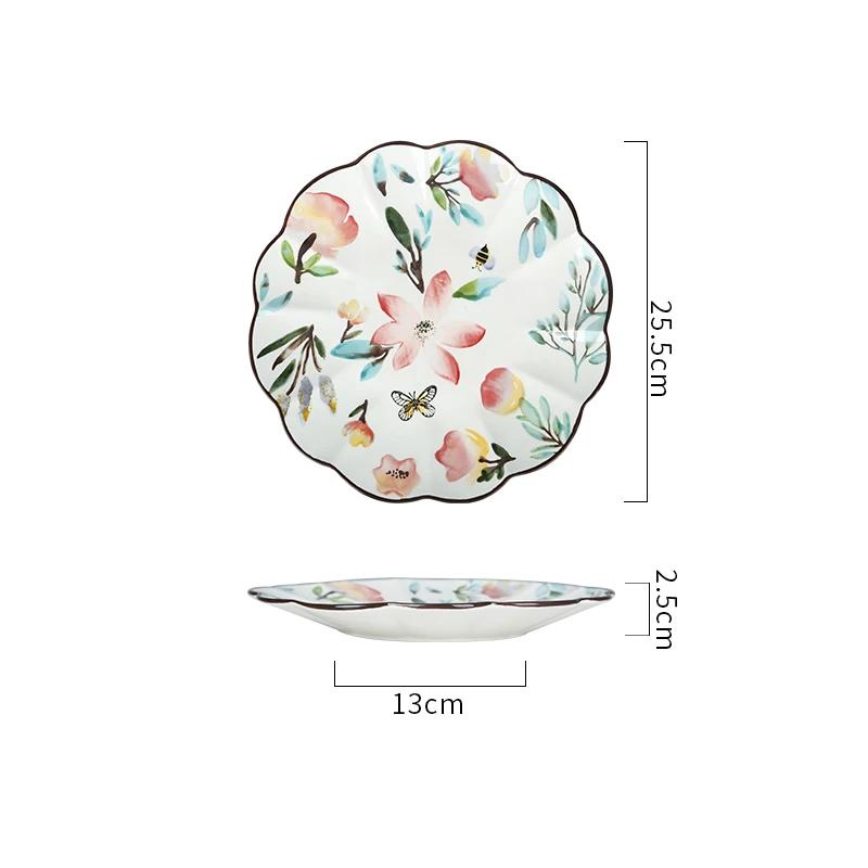 Винтажная керамическая тарелка с нарисованными вручную цветами, изысканная тарелка для десерта и фруктов для послеобеденного чая, вкусные блюда для дома, обеденные тарелки
