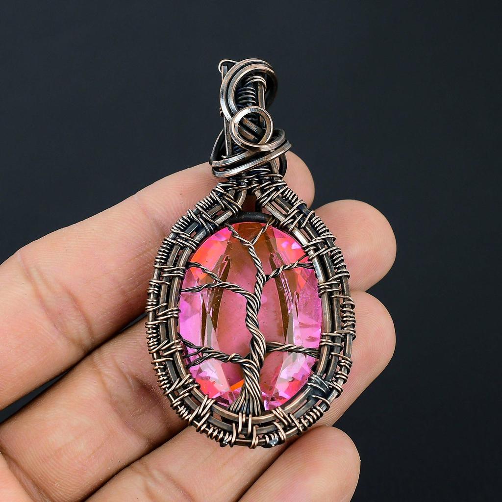 Древо жизни Кунцит Драгоценный камень ручной работы из чистой медной проволоки Ювелирный кулон на День памяти
