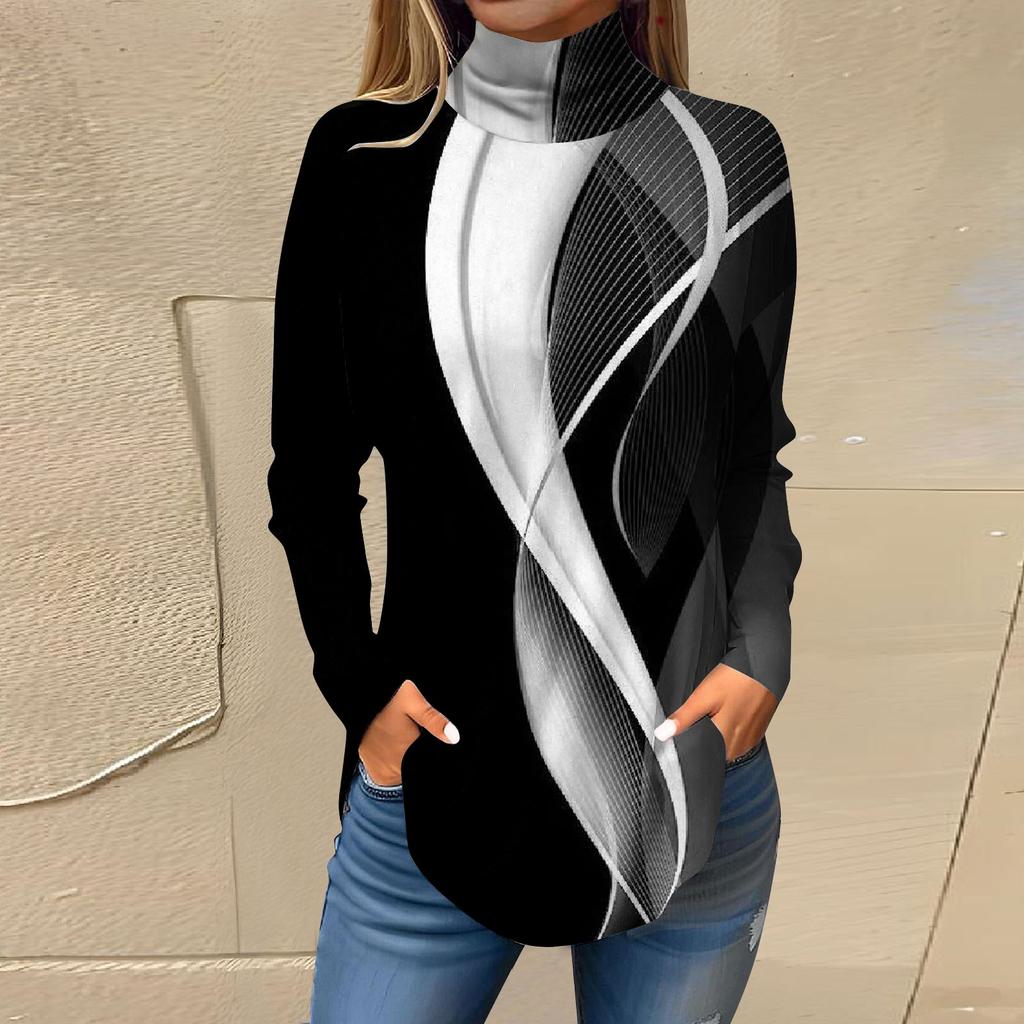 Tee Shirts For Women Fall Casual Long Sleeve Shirts Sweatshirt Vintage Printed High Neck Top Pullover