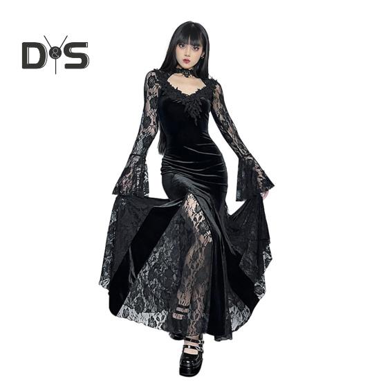 Женское платье для косплея в темном стиле, костюм для Хэллоуина, кружевное лоскутное шитье, цветочная вышивка, рыбий хвост, подол, длинные рукава, узкая талия, трапециевидная форма.