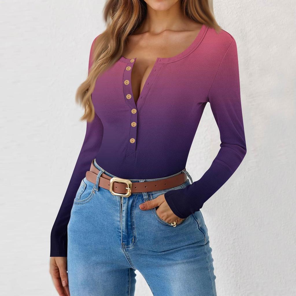 Женская и зимняя футболка с тонким низом, модная повседневная футболка с градиентным принтом и круглым вырезом, пуловер с длинным рукавом