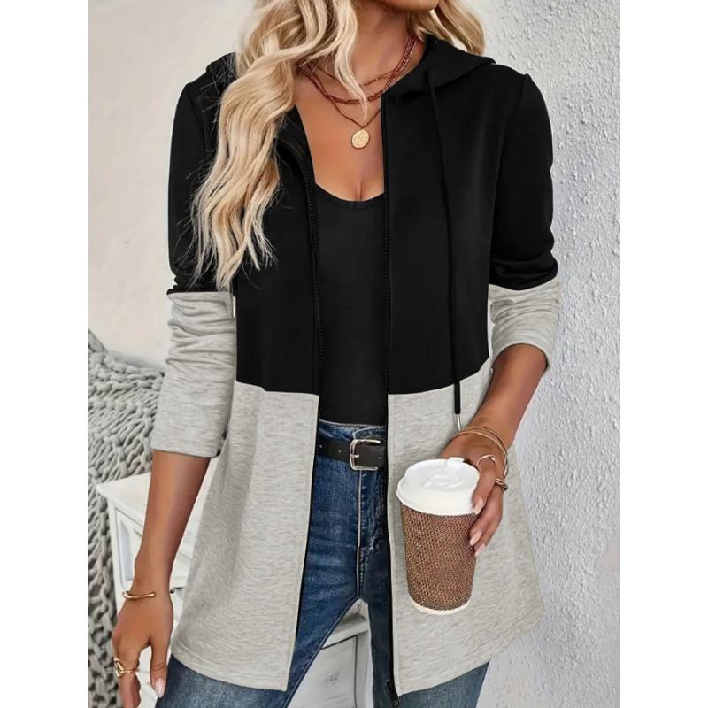 Women S Plus Size Casual Color Block Hooded Zip Up Sweatshirt Coat