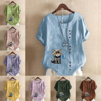 Женская мода Кошки и взаимодействие Принт с коротким рукавом Футболка Свободная хлопковая рубашка Повседневная свободная летняя блузка Топы размера плюс