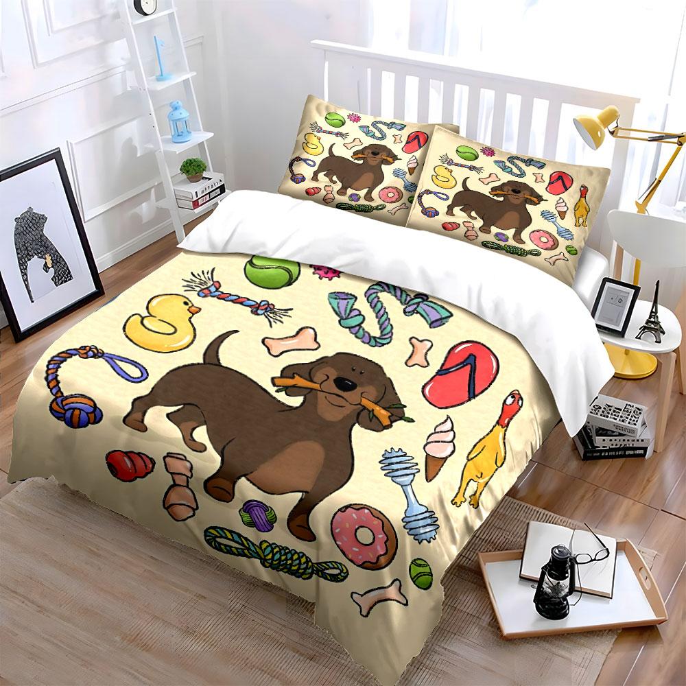 Cartoon Dog with Pet Toys Pattern Bedding Duvet Cover Set Duvet Cover Pillowcases (1*Duvet Cover 2*Pillowcases, without duvet insert)