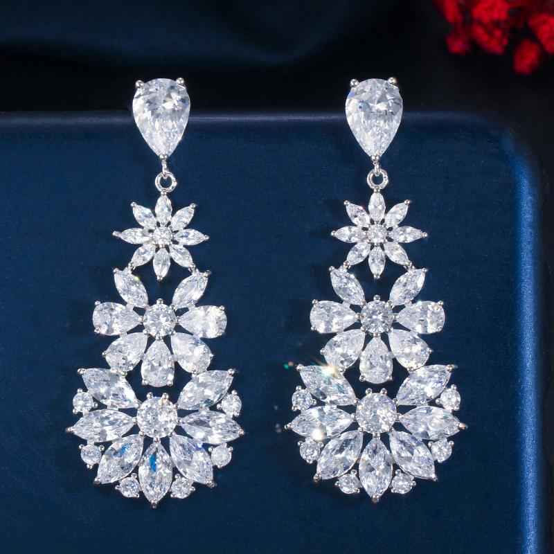 Длинные серьги-капли WWJ Exquisite Flower с разноцветным цирконом