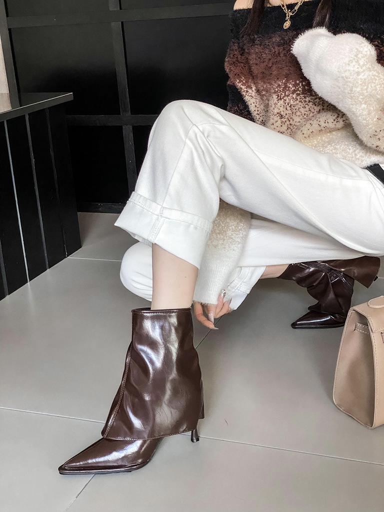Модные зимние женские полусапожки с острым носком Chelsea Botas с боковой молнией модные туфли-лодочки на шпильке для вечеринок размер 35-40 коричневый белый черный