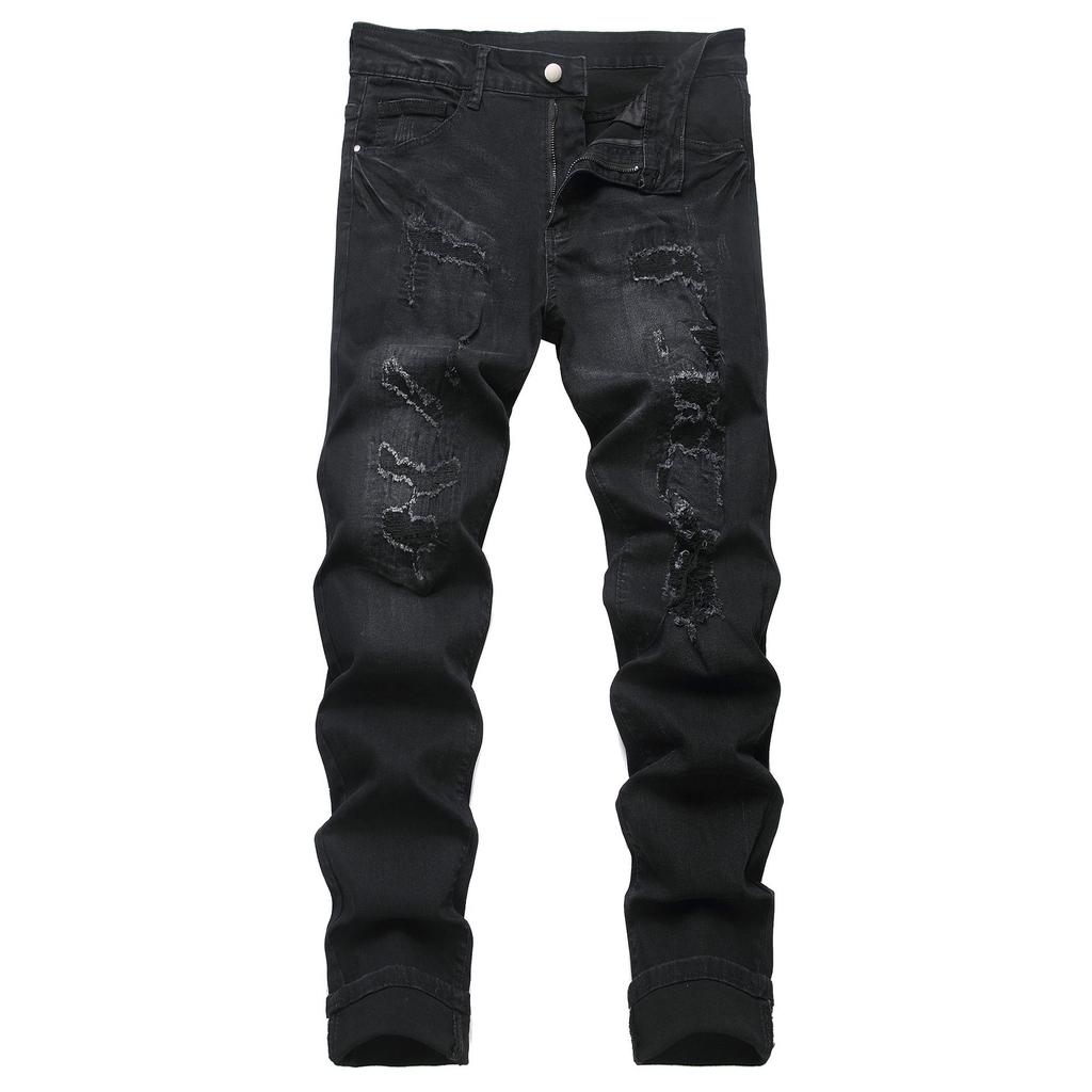 Трендовые мужские джинсы-стрейч с рваными заплатками