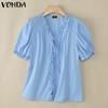 VONDA Women V Neck Puff Sleeve Buttons Up Ruffled Solid Casual Blouse
