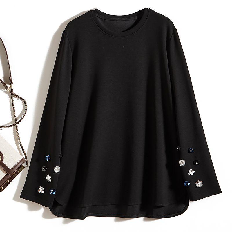 Handmade Beaded Color Sequin! Girls' Stretch Cotton Long Sleeves Round Neck Straight-leg Black Slimming and Fashionable T-shirt Spring & Fall