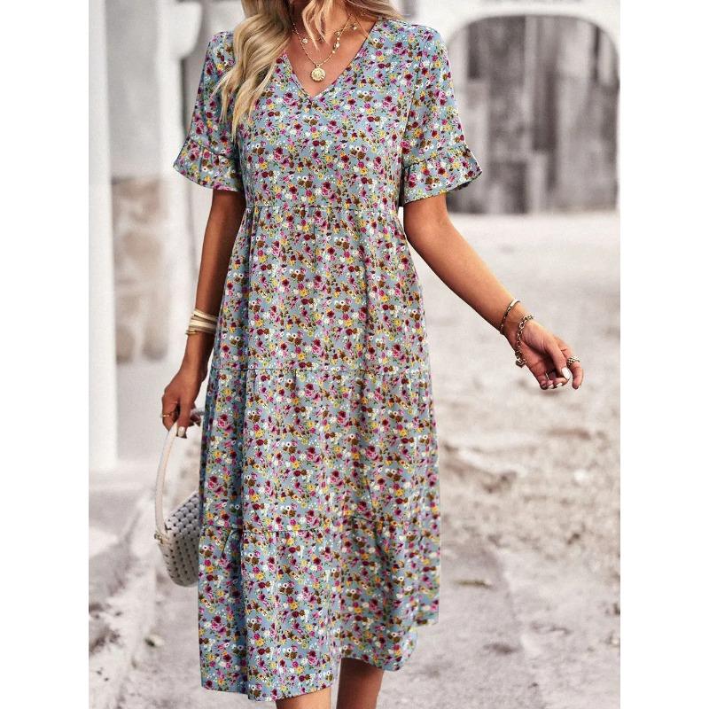 Summer Women V Neck Elegant Printed Short Sleeve High Waist A Line Floral Holiday Dress