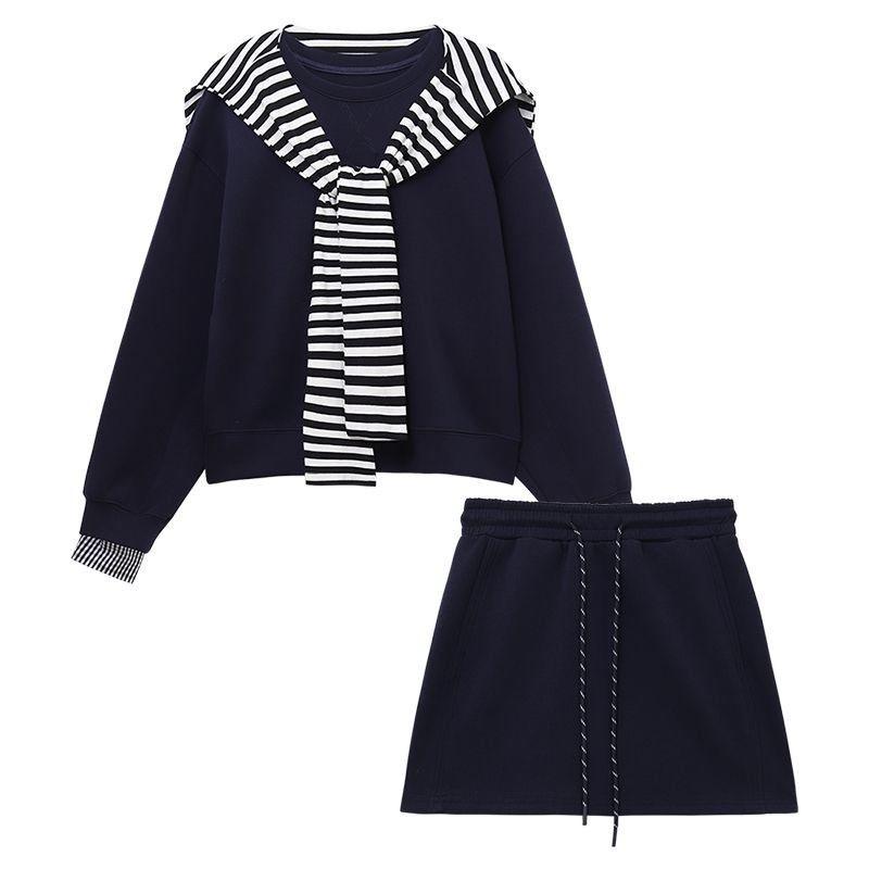Korean Color Block Striped Shawl Two-Piece Set: Loose Long Sleeve Sweatshirt & High Waist Drawstring Midi Skirt for Early Autumn