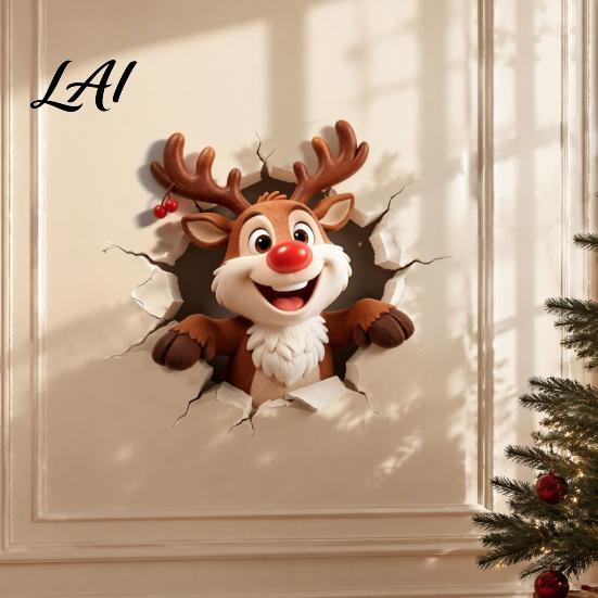 Holiday Home Decoration Christmas Reindeer Wall Decal 3D Hole Illusion Red Nose Rudolph Sticker Stickers Peel And Stick Waterproof PVC Decor