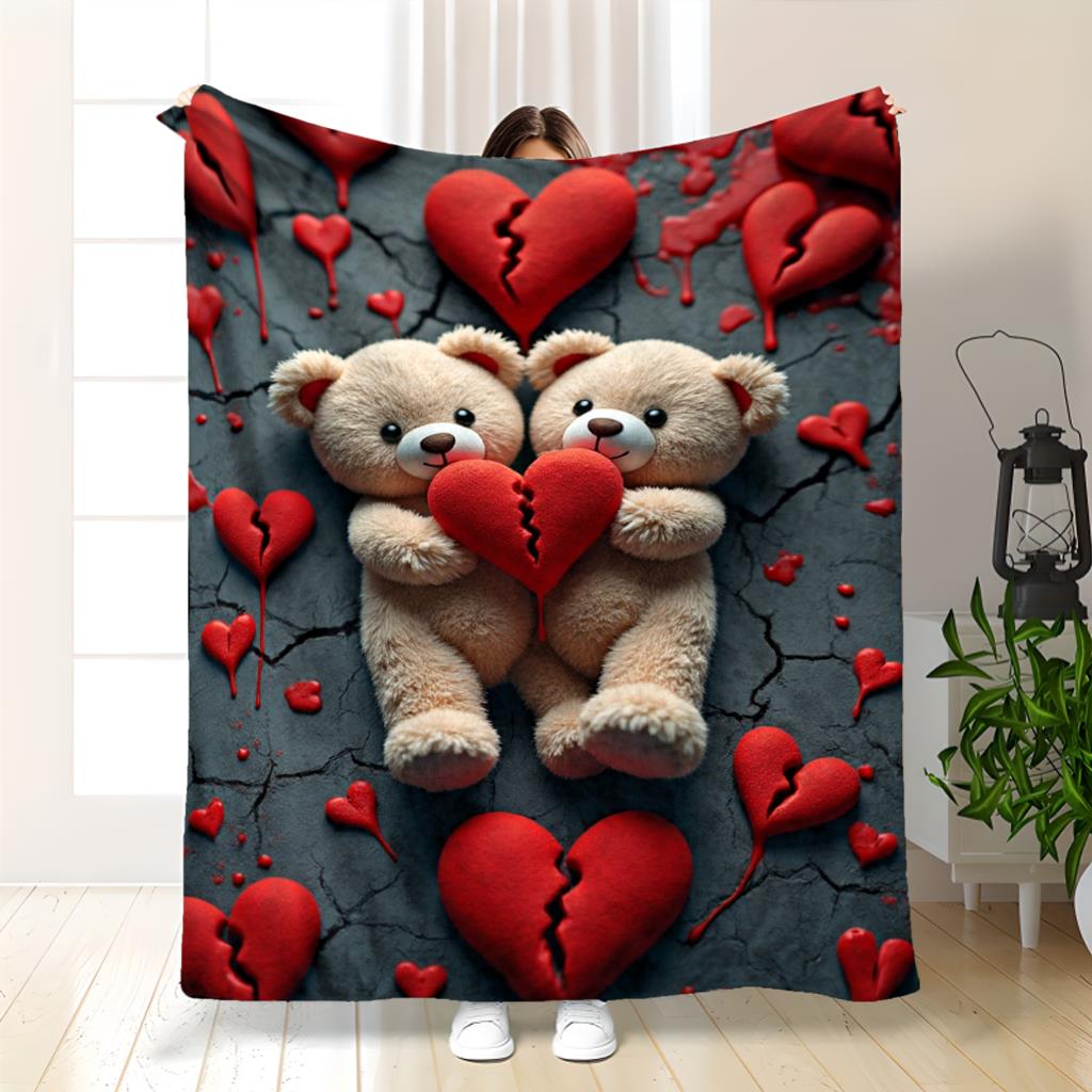 Sweet red heart  teddy bear Flannel printed blanket suitable for all seasons suitable for living room office sofa and travel
