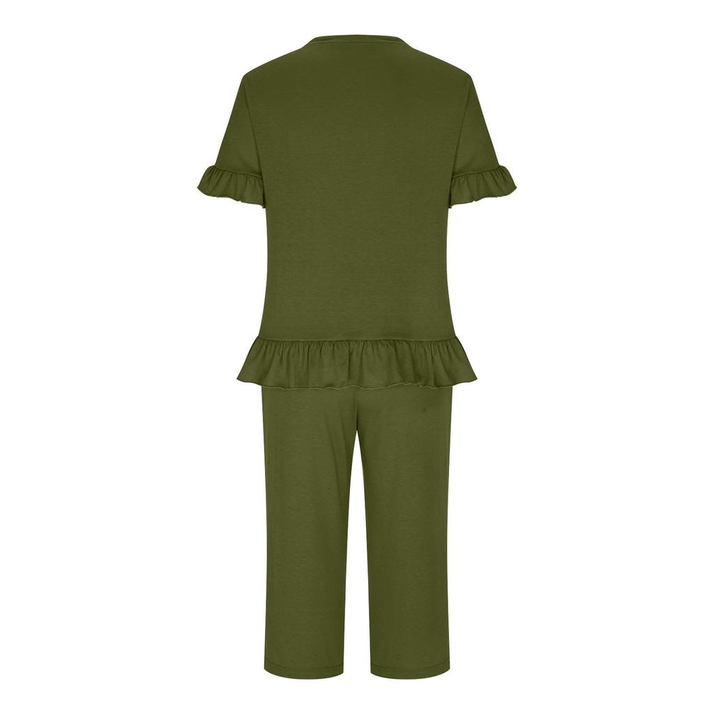 Женский пижамный комплект, рубашка с коротким рукавом, одежда для сна, женские брюки три четверти с карманами