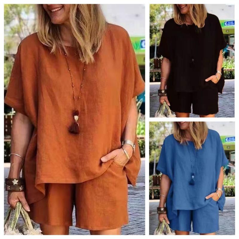 Women Casual Cotton Outfits Summer Half Sleeve T-shirt and Shorts Two Piece Suit Set