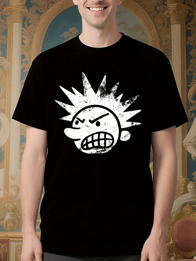 Y2K Graphic Tshirt - Black with White Angry Face Design