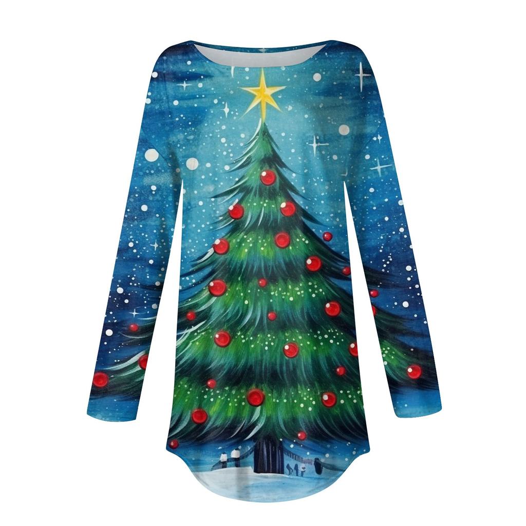 Женская свободная футболка с круглым вырезом и рождественским принтом, длинный рукав, пуловер, толстовка с длинными рукавами